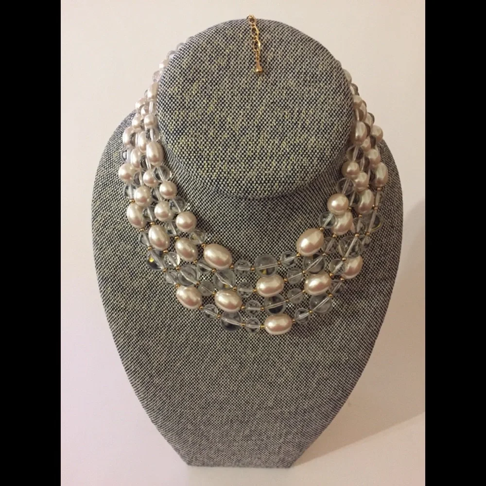 4 Strands Faux Creme Pearl & Clear Beads Goldtone Wedding Cocktail Necklace